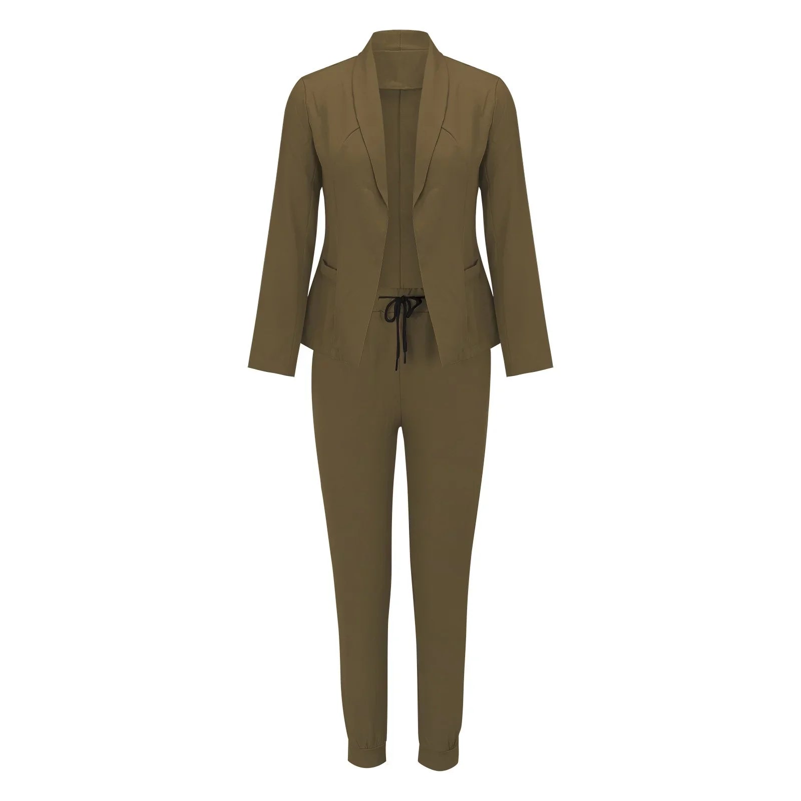 Damen-Jumpsuit in Olivgrün, elegantes Design, langärmlig, mit Kordelzug, ideal für Büro und Freizeit. Modetrend 2023, bequem und stilvoll.