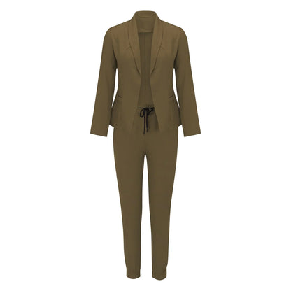 Damen-Jumpsuit in Olivgrün, elegantes Design, langärmlig, mit Kordelzug, ideal für Büro und Freizeit. Modetrend 2023, bequem und stilvoll.