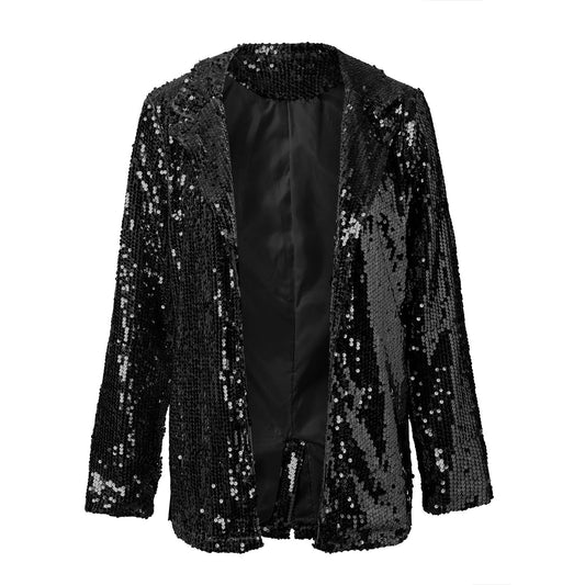 Schwarzer Paillettenblazer für Damen, glänzend und elegant, ideal für Partys und festliche Anlässe. Perfekte Oberbekleidung für stilvolle Auftritte.