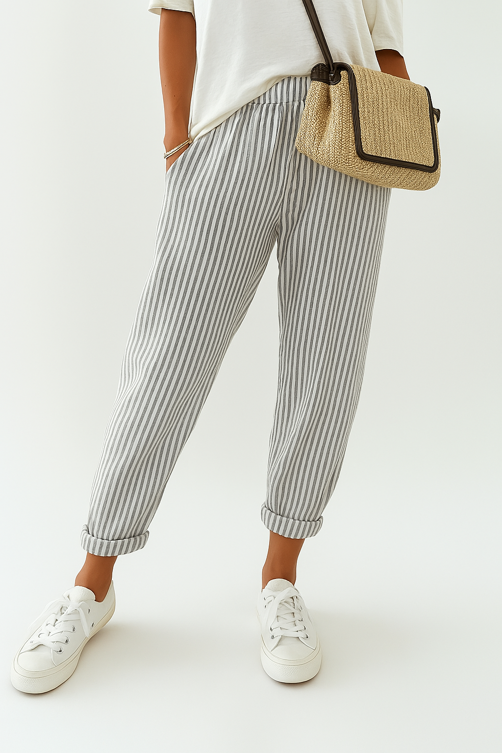 Hose Damen Streifenmuster Locker Sommer Kordelzug Baumwolle