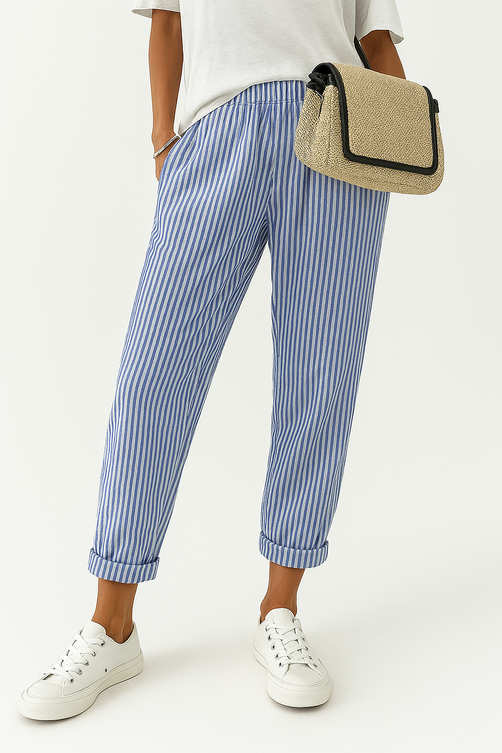 Hose Damen Streifenmuster Locker Sommer Kordelzug Baumwolle