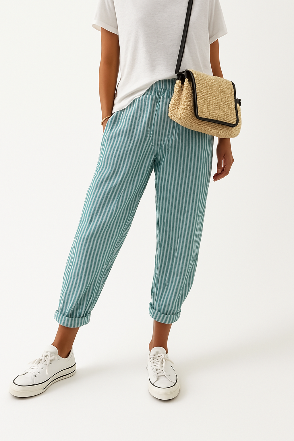 Hose Damen Streifenmuster Locker Sommer Kordelzug Baumwolle