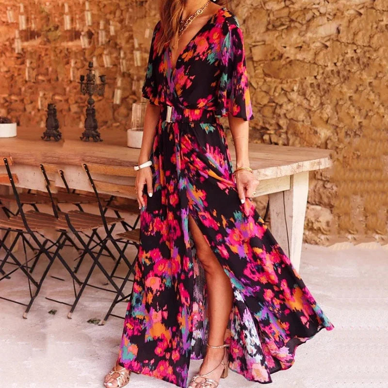 Ivory – Boho-Maxikleid mit V-Ausschnitt und Gürtel