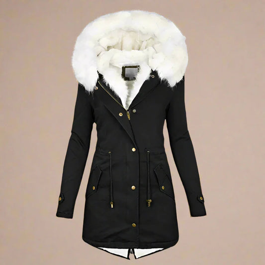 Damen Winterparka in Rosa mit weißem Kunstfellkragen, warm gefüttert, modisch und funktional, ideal für kalte Tage. Winterjacke, Parka, Damenmode.